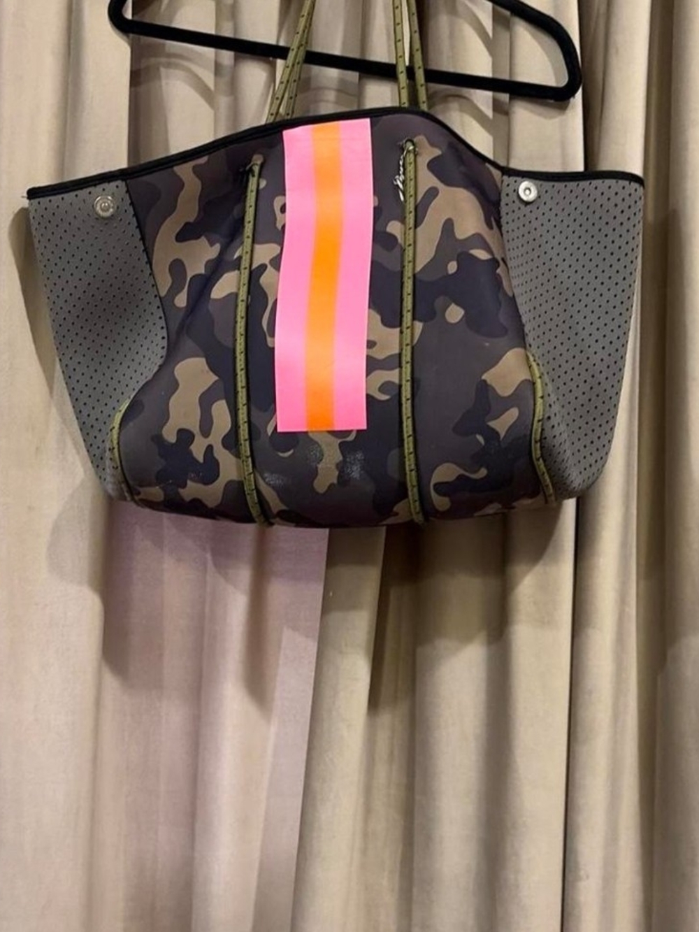 Camouflage Neoprene Tote with Pink-Orange Stripe